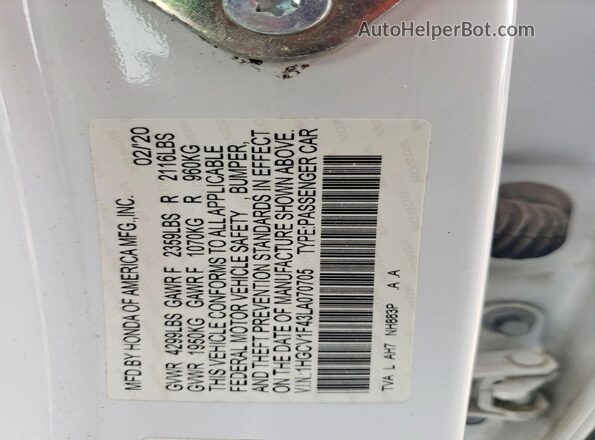 1HGCV1F43LA070705 2020 HONDA ACCORD White 