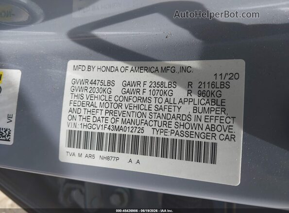 1HGCV1F43MA012725 2021 HONDA ACCORD Blue Engine compartment view