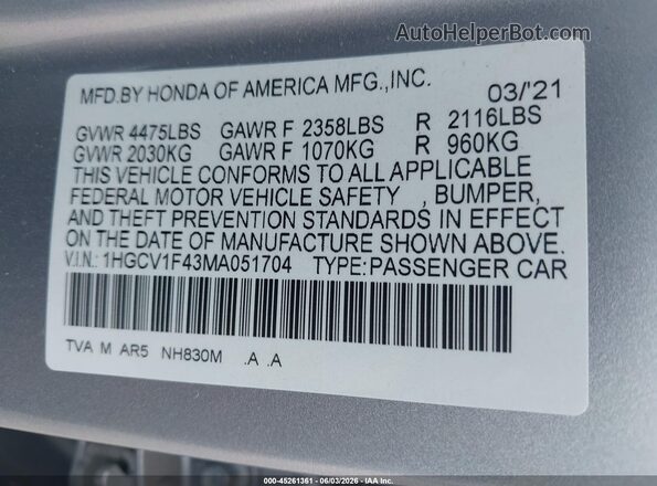 1HGCV1F43MA051704 2021 HONDA ACCORD Silver Widok komory silnika