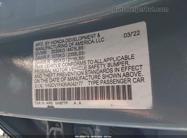 1HGCV1F43NA042177 2022 HONDA ACCORD Light Blue 
