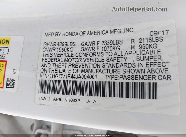 1HGCV1F44JA004001 2018 HONDA ACCORD White Շարժիչի բաժամունքի տեսք