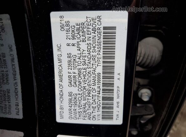 1HGCV1F44JA199999 2018 HONDA ACCORD Black VIN կոդի պիտակի տեսք