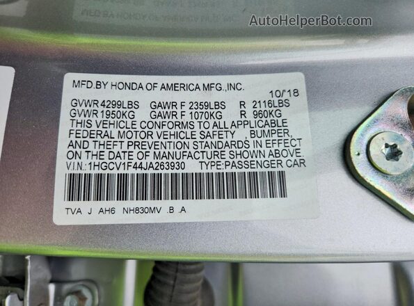 1HGCV1F44JA263930 2018 HONDA ACCORD Silver 
