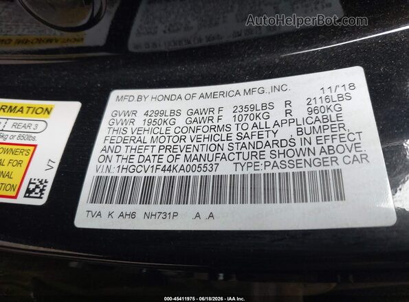 1HGCV1F44KA005537 2019 HONDA ACCORD Black Вид підкапотного простору