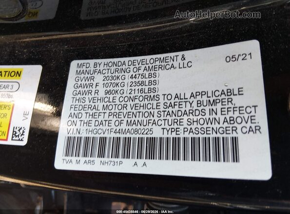 1HGCV1F44MA080225 2021 HONDA ACCORD Black Շարժիչի բաժամունքի տեսք