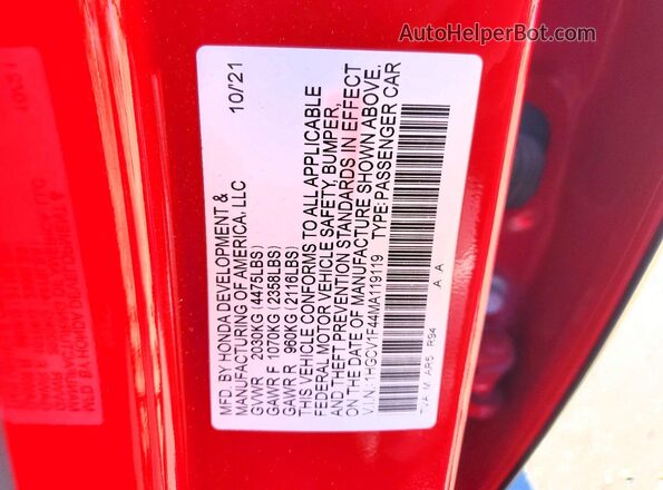 1HGCV1F44MA119119 2021 HONDA ACCORD Красный 