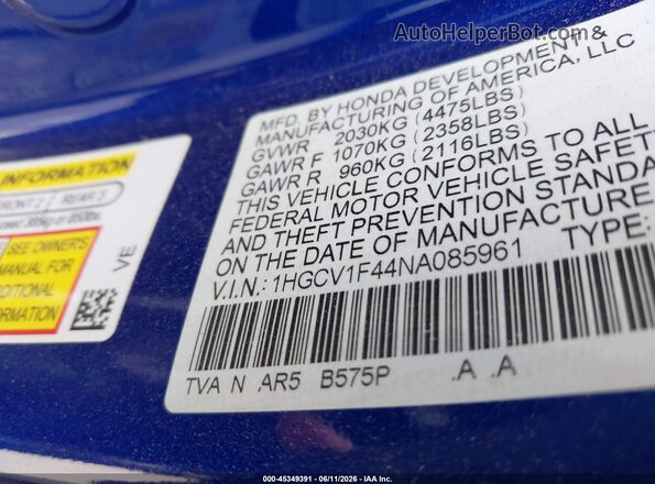 1HGCV1F44NA085961 2022 HONDA ACCORD Blue 