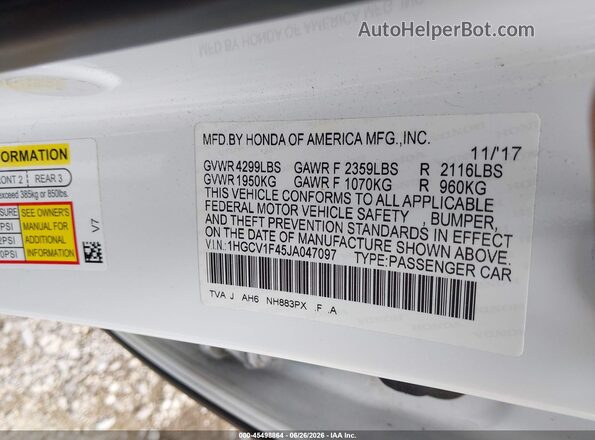 1HGCV1F45JA047097 2018 HONDA ACCORD White Շարժիչի բաժամունքի տեսք
