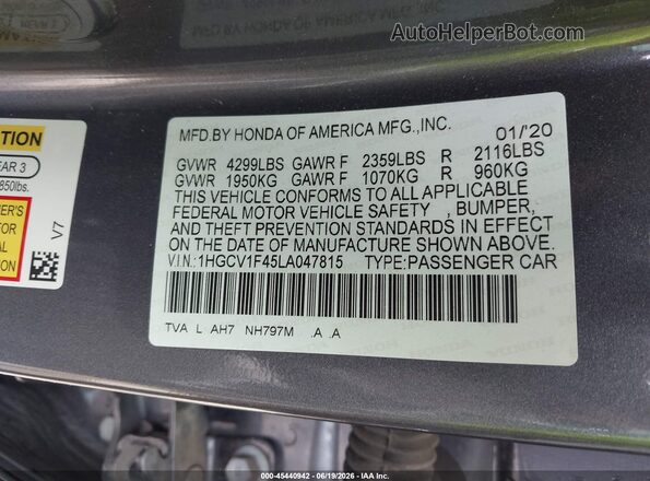 1HGCV1F45LA047815 2020 HONDA ACCORD Gray Շարժիչի բաժամունքի տեսք
