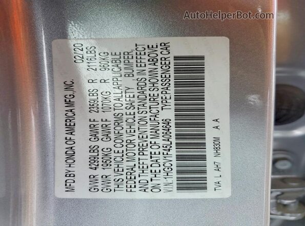 1HGCV1F45LA064646 2020 HONDA ACCORD Silver 