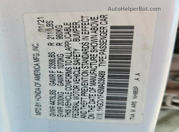 1HGCV1F45MA036489 2021 HONDA ACCORD White Engine compartment view
