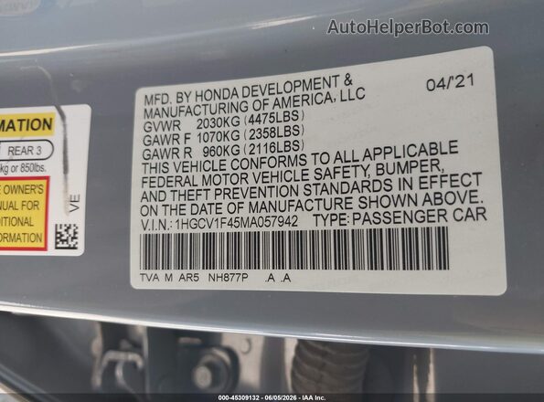 1HGCV1F45MA057942 2021 HONDA ACCORD Blue Engine compartment view