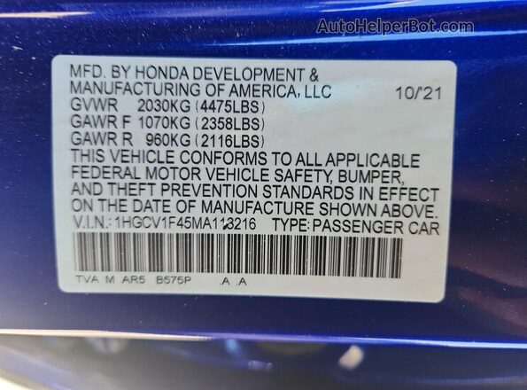 1HGCV1F45MA113216 2021 HONDA ACCORD Blue Շարժիչի բաժամունքի տեսք