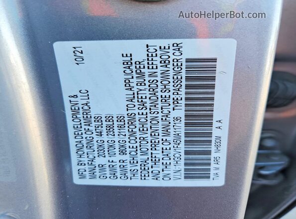 1HGCV1F45MA117136 2021 HONDA ACCORD Silver Vista del compartimento del motor