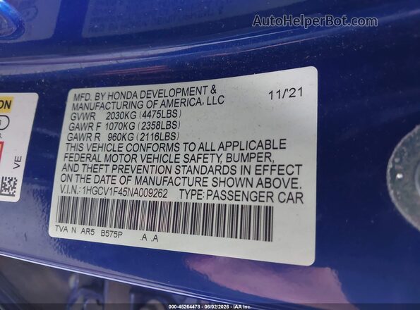 1HGCV1F45NA009262 2022 HONDA ACCORD Синий Вид подкапотного пространства