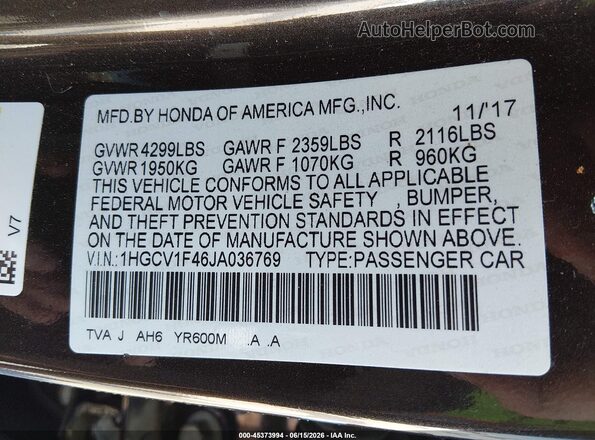 1HGCV1F46JA036769 2018 HONDA ACCORD Brown Vista del compartimento del motor