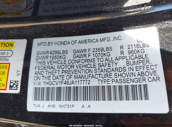 1HGCV1F46JA117772 2018 HONDA ACCORD Black Widok komory silnika