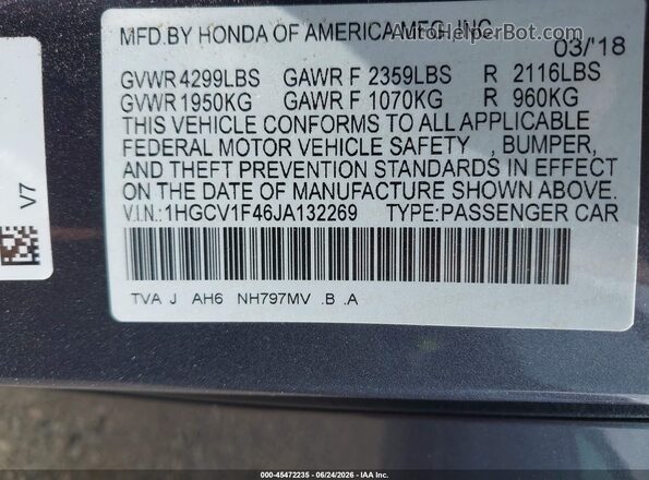 1HGCV1F46JA132269 2018 HONDA ACCORD Gray Շարժիչի բաժամունքի տեսք