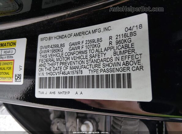 1HGCV1F46JA157978 2018 HONDA ACCORD Black Շարժիչի բաժամունքի տեսք