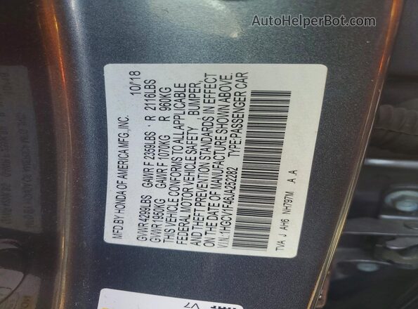 1HGCV1F46JA252282 2018 HONDA ACCORD Gray 