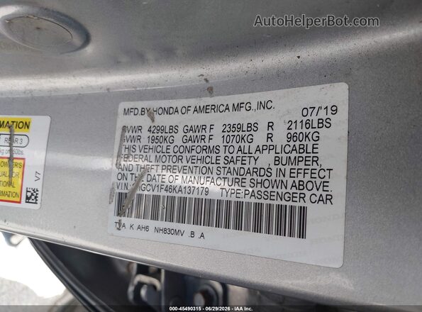 1HGCV1F46KA137179 2019 HONDA ACCORD Silver Շարժիչի բաժամունքի տեսք