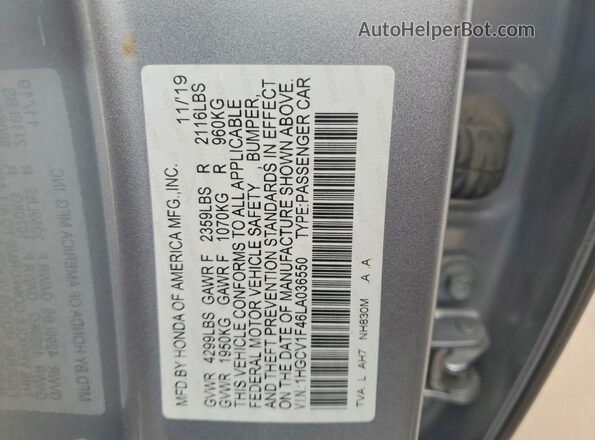 1HGCV1F46LA036550 2020 HONDA ACCORD Серый 
