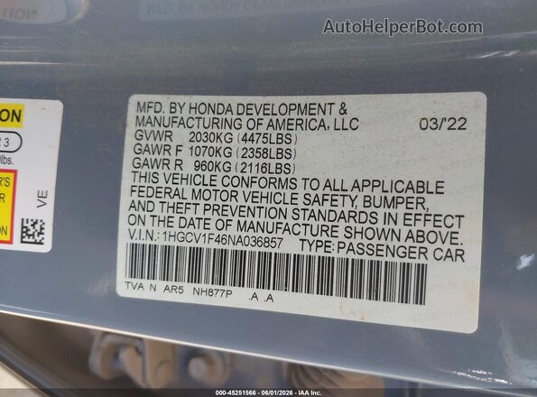 1HGCV1F46NA036857 2022 HONDA ACCORD Gray Շարժիչի բաժամունքի տեսք