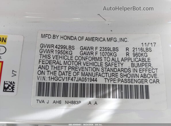 1HGCV1F47JA051944 2018 HONDA ACCORD White Engine compartment view