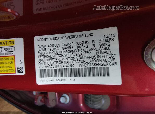 1HGCV1F47LA042390 2020 HONDA ACCORD Red Вид підкапотного простору