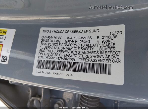 1HGCV1F47MA027969 2021 HONDA ACCORD Teal Вид підкапотного простору