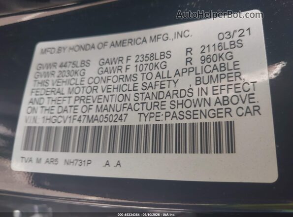1HGCV1F47MA050247 2021 HONDA ACCORD Black Vista del compartimento del motor