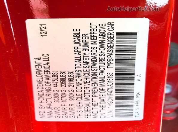 1HGCV1F47NA016195 2022 HONDA ACCORD Red VIN կոդի պիտակի տեսք