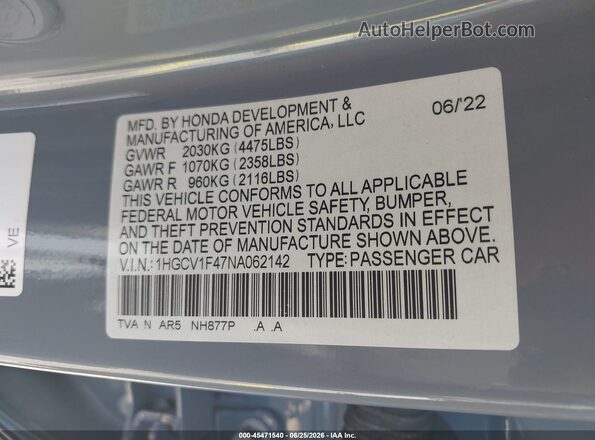 1HGCV1F47NA062142 2022 HONDA ACCORD Gray Շարժիչի բաժամունքի տեսք