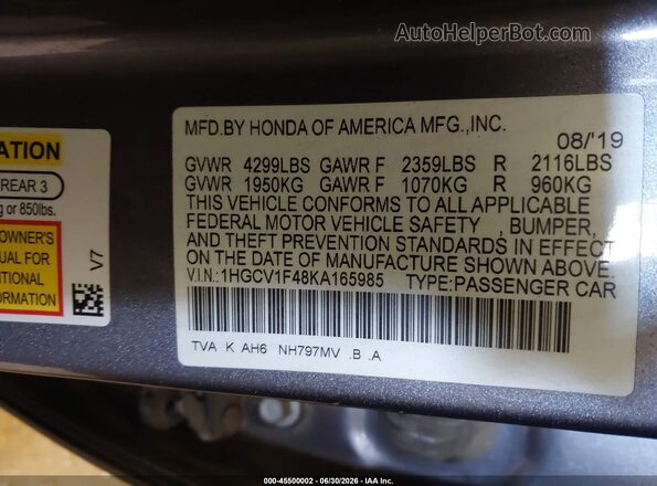 1HGCV1F48KA165985 2019 HONDA ACCORD Gray Вид підкапотного простору