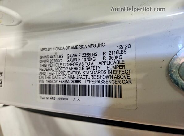 1HGCV1F48MA030668 2021 HONDA ACCORD White Շարժիչի բաժամունքի տեսք