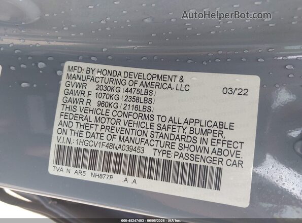 1HGCV1F48NA039453 2022 HONDA ACCORD Blue Вид підкапотного простору