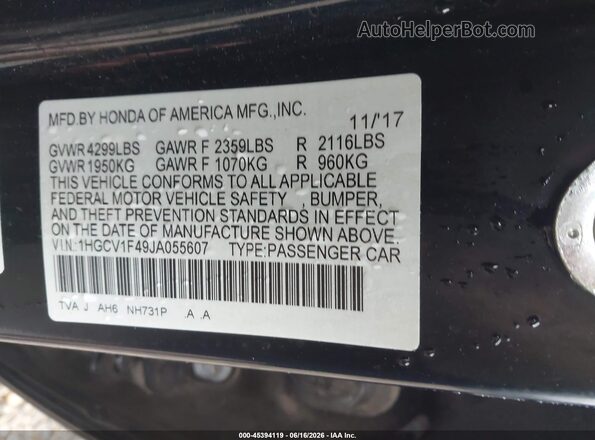 1HGCV1F49JA055607 2018 HONDA ACCORD Черный Вид подкапотного пространства