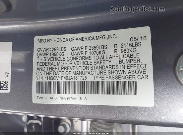 1HGCV1F49JA181725 2018 HONDA ACCORD Gray Widok komory silnika