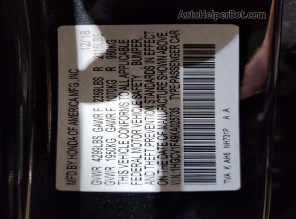 1HGCV1F49KA025735 2019 HONDA ACCORD Black VIN կոդի պիտակի տեսք