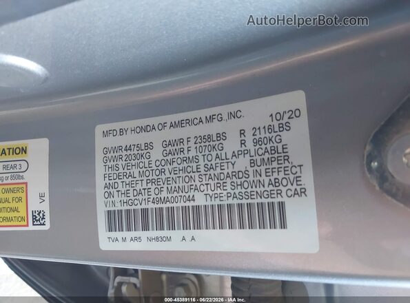 1HGCV1F49MA007044 2021 HONDA ACCORD Silver Vista del compartimento del motor
