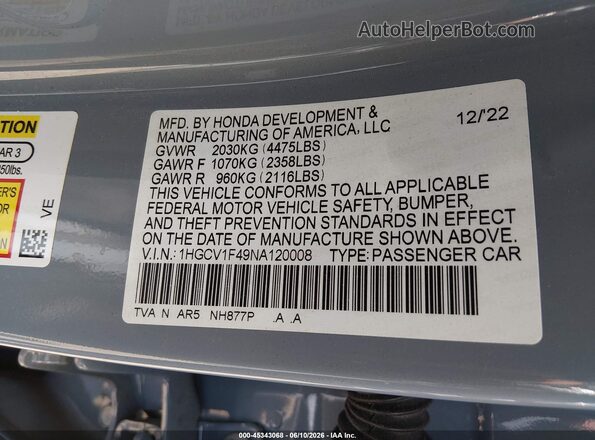 1HGCV1F49NA120008 2022 HONDA ACCORD Silver Շարժիչի բաժամունքի տեսք