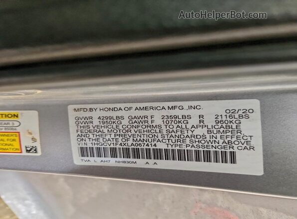 1HGCV1F4XLA067414 2020 HONDA ACCORD Silver 