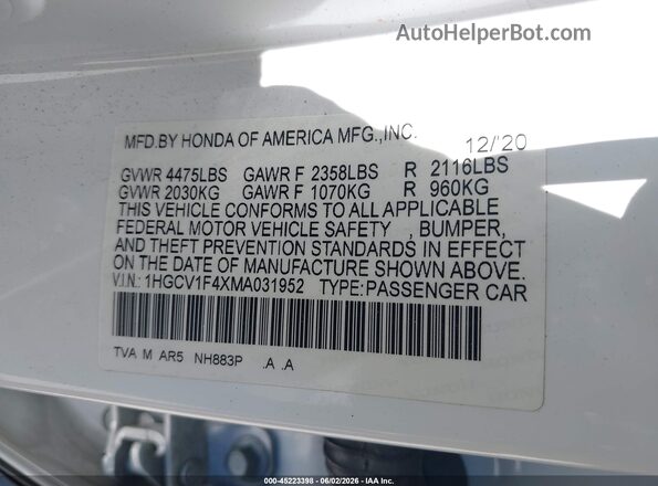 1HGCV1F4XMA031952 2021 HONDA ACCORD White Widok komory silnika