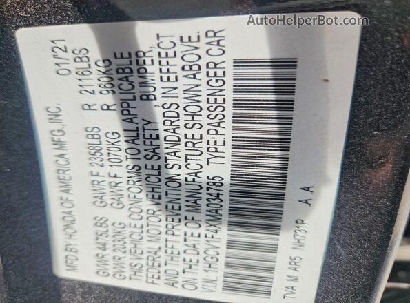 1HGCV1F4XMA034785 2021 HONDA ACCORD Black Widok naklejki z numerem VIN