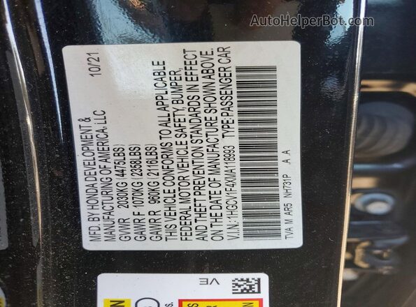 1HGCV1F4XMA118993 2021 HONDA ACCORD Black Widok naklejki z numerem VIN