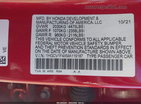 1HGCV1F4XMA119187 2021 HONDA ACCORD Red Շարժիչի բաժամունքի տեսք