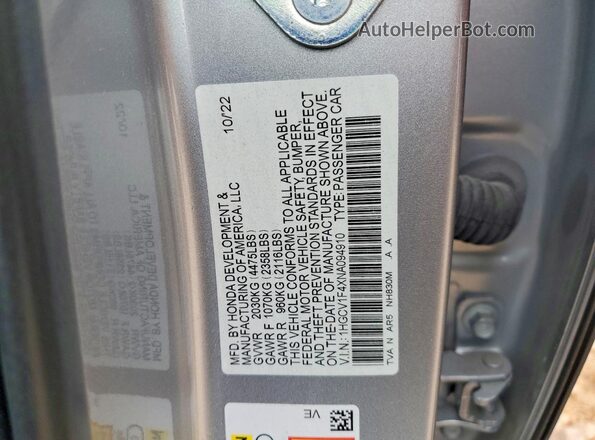 1HGCV1F4XNA094910 2022 HONDA ACCORD Silver Engine compartment view
