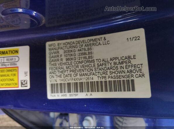 1HGCV1F4XNA112614 2022 HONDA ACCORD Blue Engine compartment view