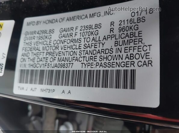 1HGCV1F51JA098377 2018 HONDA ACCORD Black Շարժիչի բաժամունքի տեսք