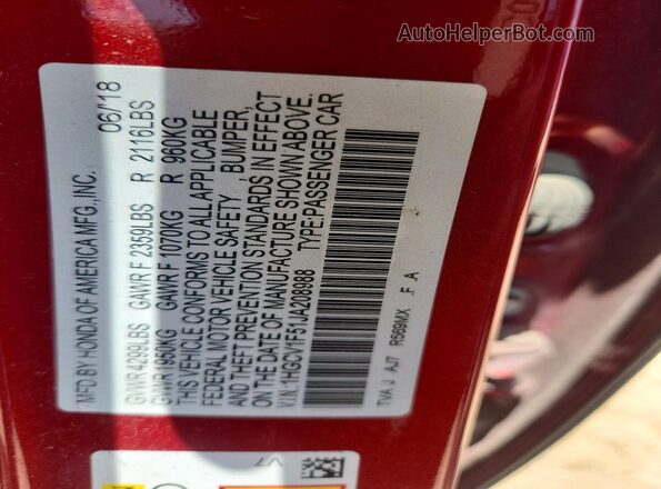 1HGCV1F51JA208988 2018 HONDA ACCORD Burgundy ძრავის განყოფილების ხედი